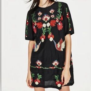 Zara Black Floral & Bird Embroidered Mini Dress Size Small